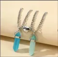 Magnetic heart couple necklaces with blue and light green hexagonal stone pendants - Sky Blue Cat Eye + Light Green Stone