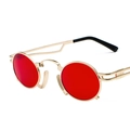 Retro steampunk sunglasses with oval red lenses and gold metal frame featuring hollow arms - Gold Frame Red Lenses