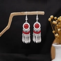 Ethnic bohemian drop earrings with red beads and silver tassels on a branch - Silver Red Main Stone Beaded Tassel Style (E1855-1)
