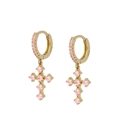 Macro detail of 925 hallmark on gold-plated cross earrings with pink crystals - Pink Gold