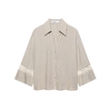 Elegante camicia beige a maniche lunghe con dettagli in pizzo a nido d'ape e scollo a V - XS / Tops
