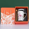 Pink flamingo marble ceramic mug with gold spoon in premium orange gift box set - Flamingo Tall Grey Mug Set