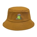 Ginger yellow bucket hat featuring embroidered cartoon frog and mushroom on cotton canvas - M(56-58cm) / Ginger Yellow