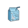 Creative enamel pin featuring a light blue milk box design with a Silly Goose Juice logo - Silly Goose Juice Milk Carton
