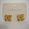 Golden flower-shaped stainless steel stud earrings on a cream-colored jewelry display card - KC Gold Four-Petal Flower (3682)