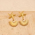 Gold starfish earrings with shell charms and pearls over a neutral textured stone background - Starfish Fan Artificial Pearl Style (CK70) / Gold