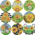8-piece set of sunflower diamond painting coasters with a black metal holder - Sunflower Butterfly Gnome Style (BD997)
