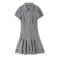 Grey and white plaid short dress featuring a shirt collar and layered ruffled hemline - XS / Plaid