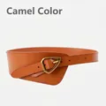 Camel leather wide waist belt for women featuring an asymmetric cut and triangle metal buckle - Camel