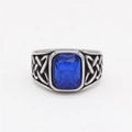 Vintage Viking Celtic knot ring with rectangular navy blue stone in silver finish - Steel Blue Stone