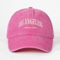 Detail of white Los Angeles embroidery on vintage washed pink cotton baseball cap - Rose Red