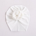 White knit baby turban hat with delicate 3D flower knot and ribbed texture fabric - White