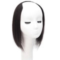 Close-up of black U-shaped hair topper extension for volume on a white mannequin head - Natural Black