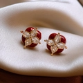 Elegant wine red sphere earrings with gold flower studs and sparkling zirconia - 76# Silver Earring Post - Gold - Red - Real Gold Plating