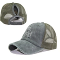 Detail of army green ponytail mesh cap with be kind embroidery and adjustable strap - One Size / Army Green