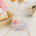 Pink tweed girls bag with pearl handle and floral decoration for a sweet princess look - Multicolor Flower