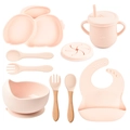 11-piece light pink silicone baby feeding set with suction plate and wooden utensils - Full Tableware Set (Light Pink/Y4)