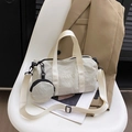 Chic beige cylinder tote bag in durable nylon with matching round coin pouch - Off White