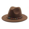 Classic dark brown wool felt fedora hat featuring a colorful bohemian beaded band - L(58-60cm) / Coffee