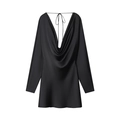 Black satin dress with long sleeves and deep V-neckline draped front for women - XS / Black