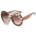 Oversized round tea brown sunglasses featuring asymmetric crystals on a gradient lens - One Size / Tea Frame Double Tea