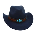 Dark blue felt cowboy hat with brown leather band and turquoise stone embellishments - Navy Blue