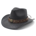 Black western straw cowboy hat with leather studded band and vintage star badge decoration - M (56-58cm) / Black