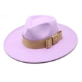Detail of lavender fedora hat showing khaki ribbon and gold bee metal accessory - M (56-58cm) / Taro Purple