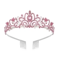Silver bridal crown with pink crystals and floral patterns on white background - Pink