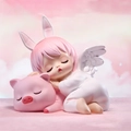 Pink Nanci angel figurine sleeping on a pig, cute cartoon cake topper decoration - 1121-29 Lying Piglet