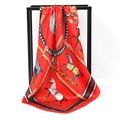 Red silk square scarf with vintage equestrian horse harness print and striped border - Belt Plaid Warhorse Red (SD90-08-2)