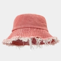 Macro view of frayed edges on distressed coral pink denim fisherman bucket hat - M (56-58cm) / Coral