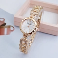 Close-up of gold chain bracelet watch with crystal inlay and minimalist round dial - Double Loop Rhinestone Chain Strap / Style B Rose Gold