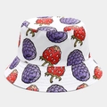 Close-up of white bucket hat with watercolor strawberry and mulberry fruit print detail - White Base Strawberry Mulberry Print (10# Color)