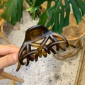 Close-up of a large amber resin claw clip for hair styling in a hand-held detail shot - Butterfly Phoenix Tail / Matte Light Tortoise