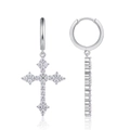 Polished silver sterling hoop earrings with sparkling cross charms and moissanite inlay - E15379 Full Diamond Cross With GRA Certificate