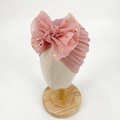 Pink newborn baby girl turban hat with oversized gold polka dot bow detail - Nude Pink