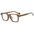 Classic small square sunglasses with tortoise pattern and double stud accents shown at 45-degree angle - Demi Clear Lens Anti-Blue Light