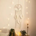 Handwoven cream cotton macrame wall hanging with tree of life and leaf tassel details - Tree of Life Three Leaves