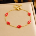 Minimalist gold-plated stainless steel chain bracelet with red enamel lip pendants - Red Lip Gold Style (B1936)