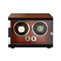 Dual automatic watch winder box with brown wood grain finish and black polished frame - 2 Slots / Walnut Lacquer & Red PU