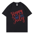 Schwarzes Damen-T-Shirt aus Baumwolle mit Happy 4th of July Aufdruck und blauen Sternen - Rot 318 / XS