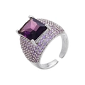 Close-up of adjustable silver ring with large purple square zircon and micro-pave stones - White Gold Purple Zirconia