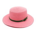 Detailed texture of pink straw boater hat with dark green faux leather belt buckle - M (56-58cm) / Deep Pink