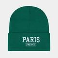 Close-up of fine knit texture and white Paris embroidery on a dark green beanie - One Size / Malachite green