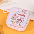 Pink square tinplate coin purse featuring cartoon girl and rabbit with carry strap - Milk Tea Rabbit