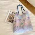 Floral shoulder tote bag with purple impressionist print and blue braided rope handles - Blue Flower Sea