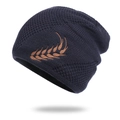 Navy blue knitted beanie with wheat ear embroidery and warm fleece lining for winter wear - Navy Blue