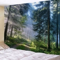 Forest tapestry with morning sunlight rays for bedroom wall decor and dorm aesthetic - Forest Dawn