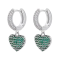 Close-up of heart hoop earrings with micro-pave green stones on white background - Platinum Green Zirconia